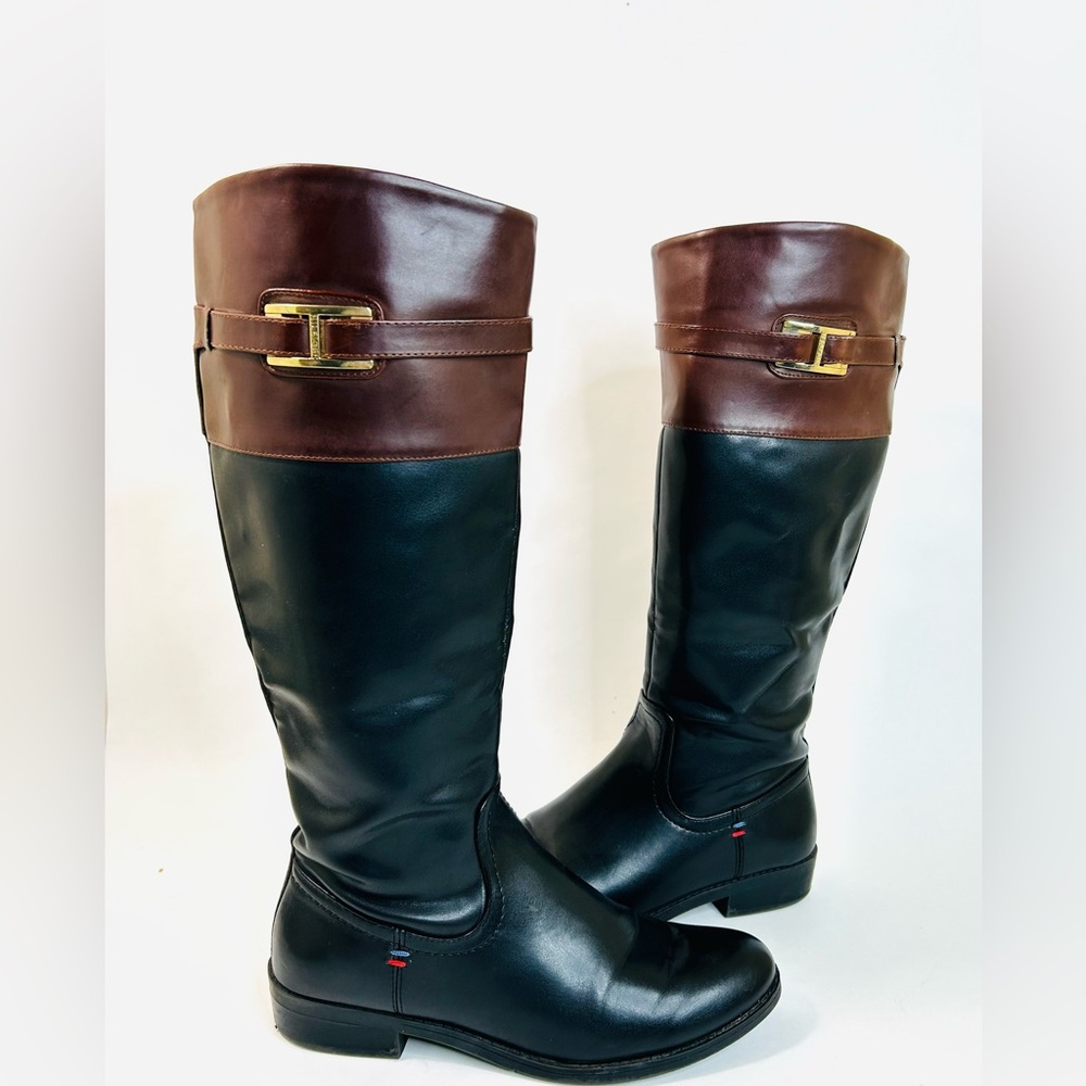 Tommy Hilfiger Leather Riding Boots, Black and Brown Colorblock Design, size 7.5